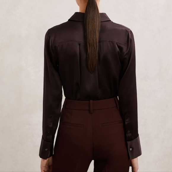 Big Sale! Reiss Silk Satin Concealed-Placket Shirt in Burgundy - Picture 4 of 9